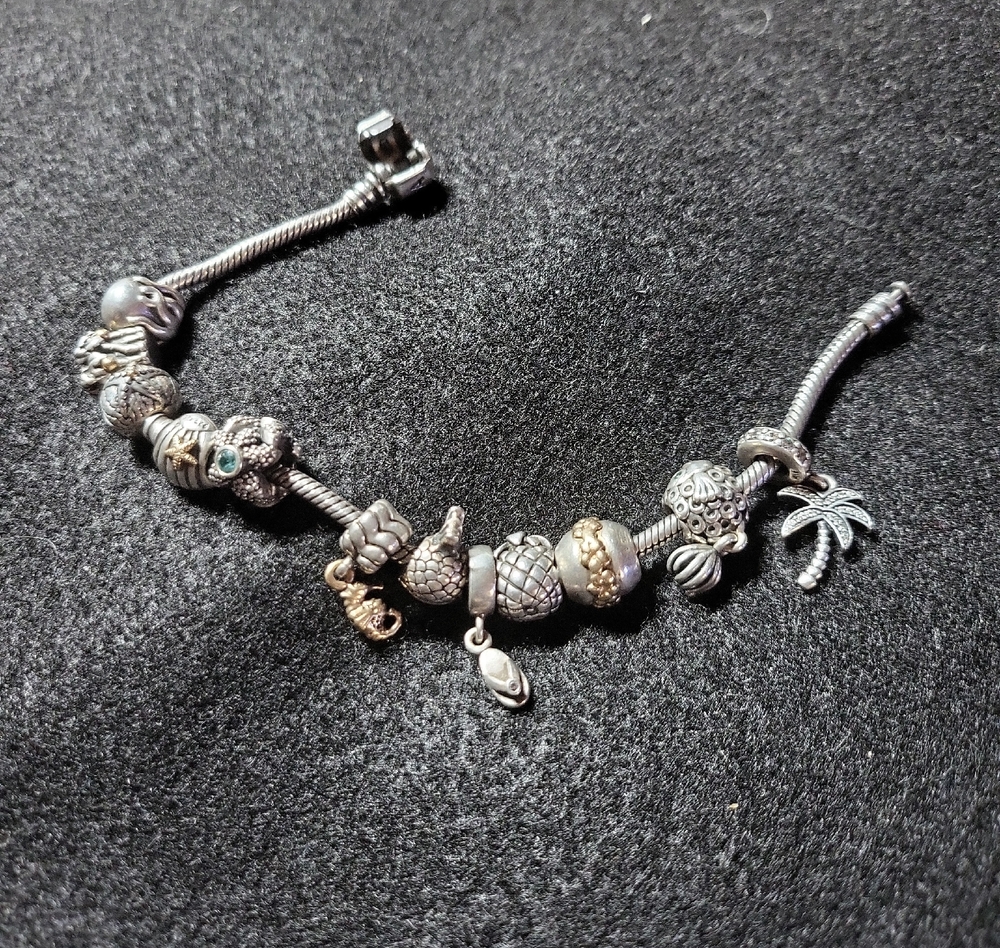 Pandora Silver and 14k Gold Charm Bracelet Beach Ocean Hawaii Theme 12 Charms